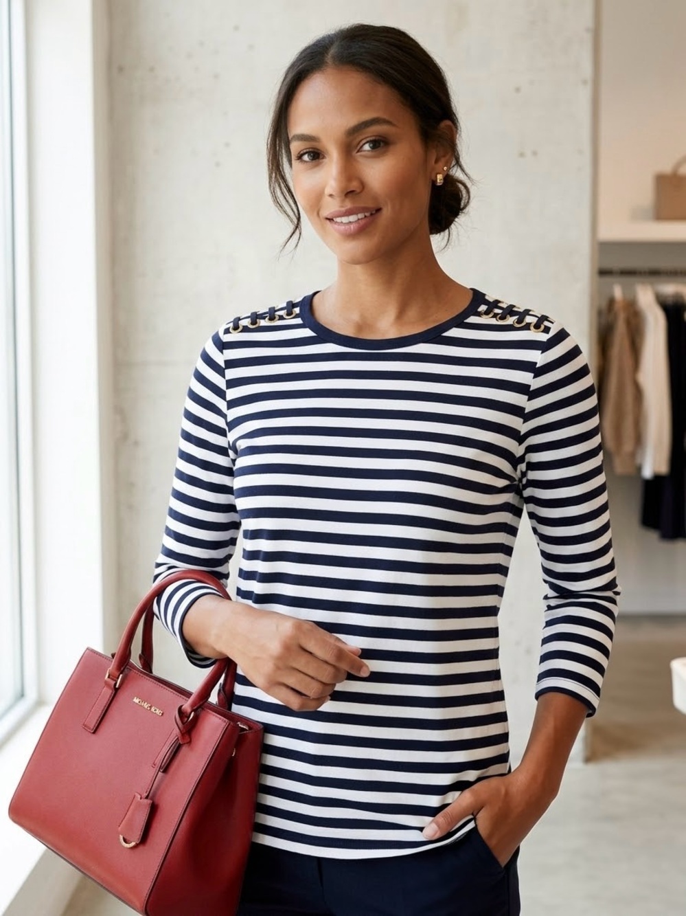 Michael Kors Navy and White Striped 3/4 long Sleeve Top with Shoulder Grommets